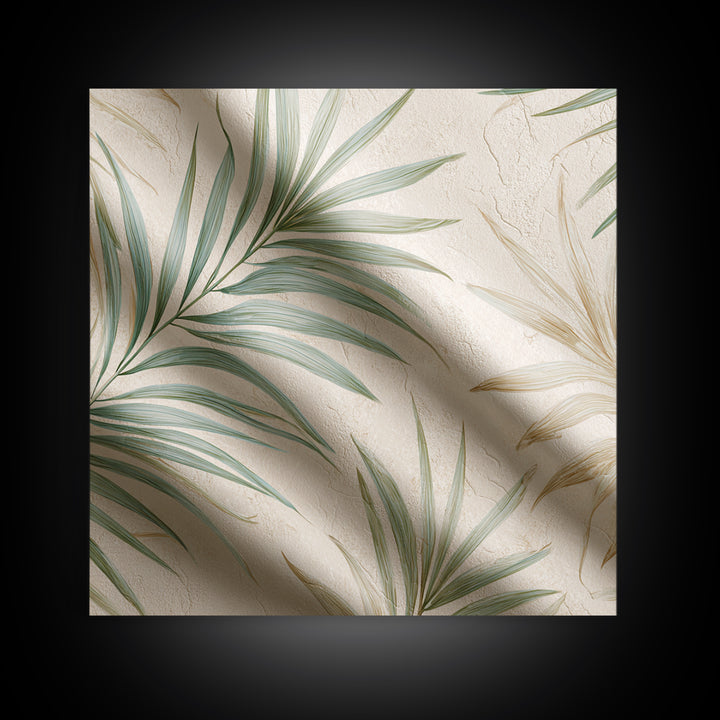 Tropical Palm Leaf Wall Art, Soft Green Beige Canvas Print, Coastal Botanical Decor, Boho Spa Bathroom Wall Decor For Relaxing Home Decor