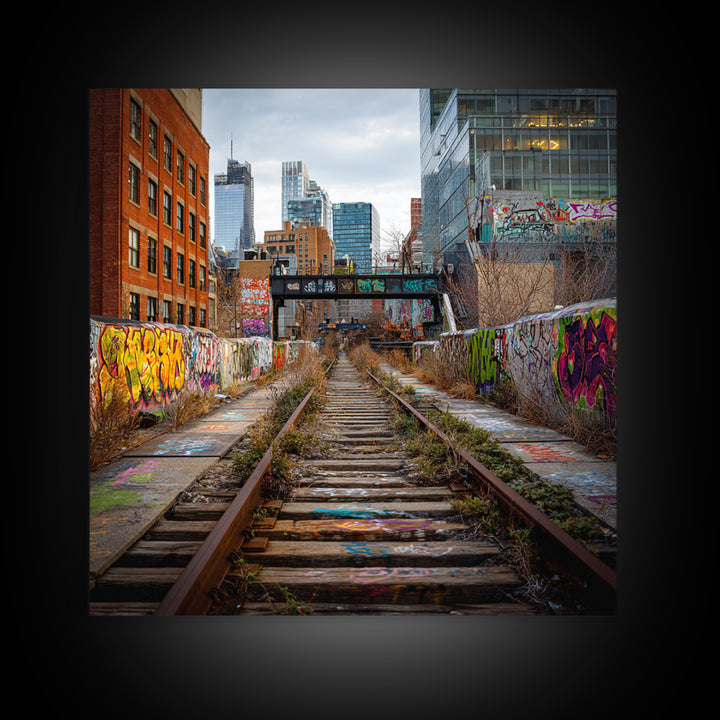Abandoned Graffiti Railway Through City Wall Art, Urban Landscape Photography For Loft Decor And Modern Office Wall Decor