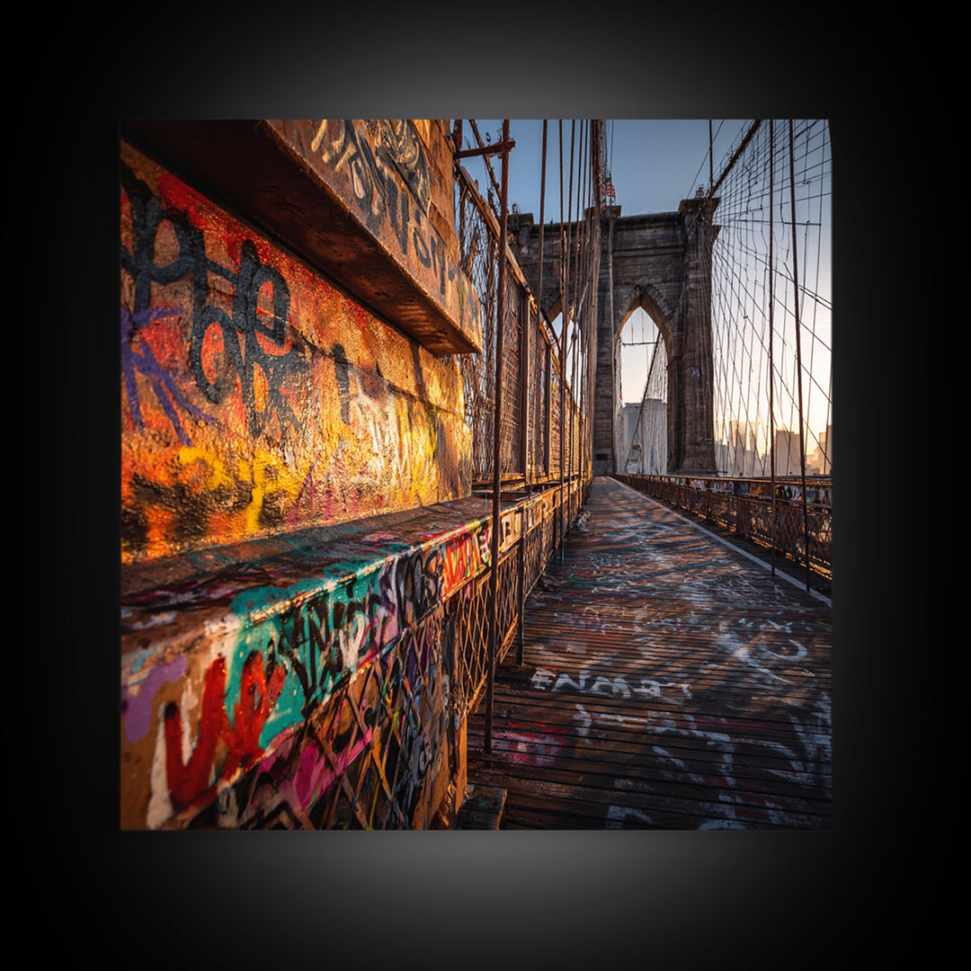 Graffiti Covered Brooklyn Bridge Walkway Wall Art, Urban Street Art Canvas Print, New York Travel Decor, Cool Apartment Poster