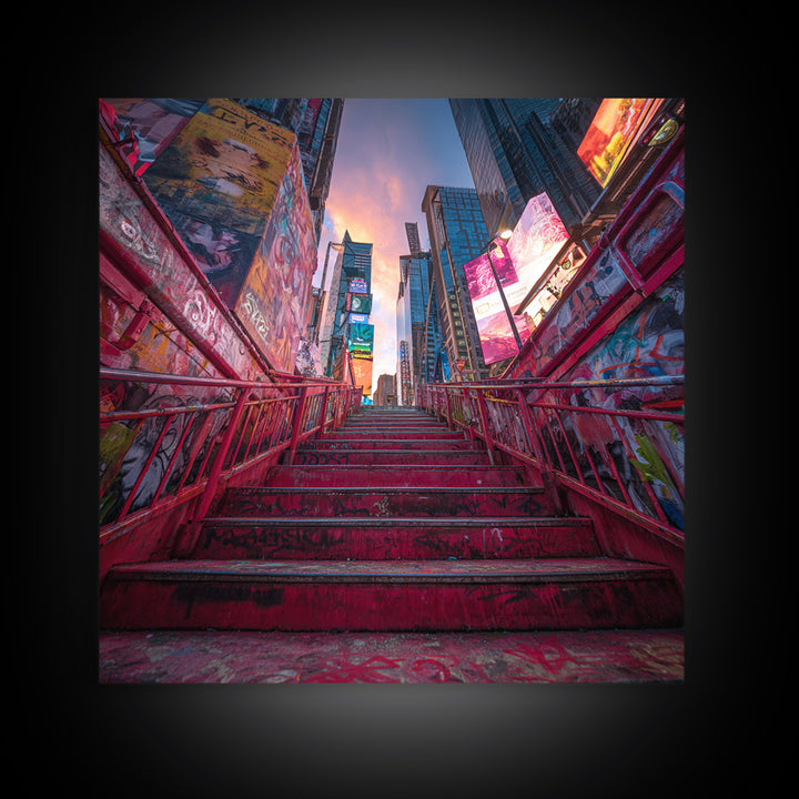Neon City Stairway At Sunset Wall Art, Urban Graffiti, Times Square Travel Poster, Colorful Modern Canvas Print Home Decor