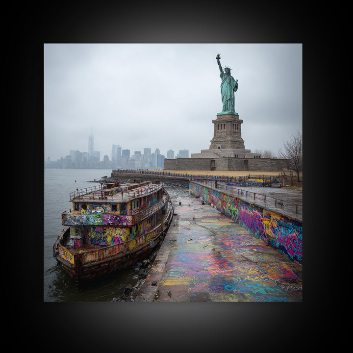 Statue Of Liberty And Graffiti Harbor Wall Art, NYC Travel Print, Urban Street Art Decor, New York City Gift For Living Room Decor