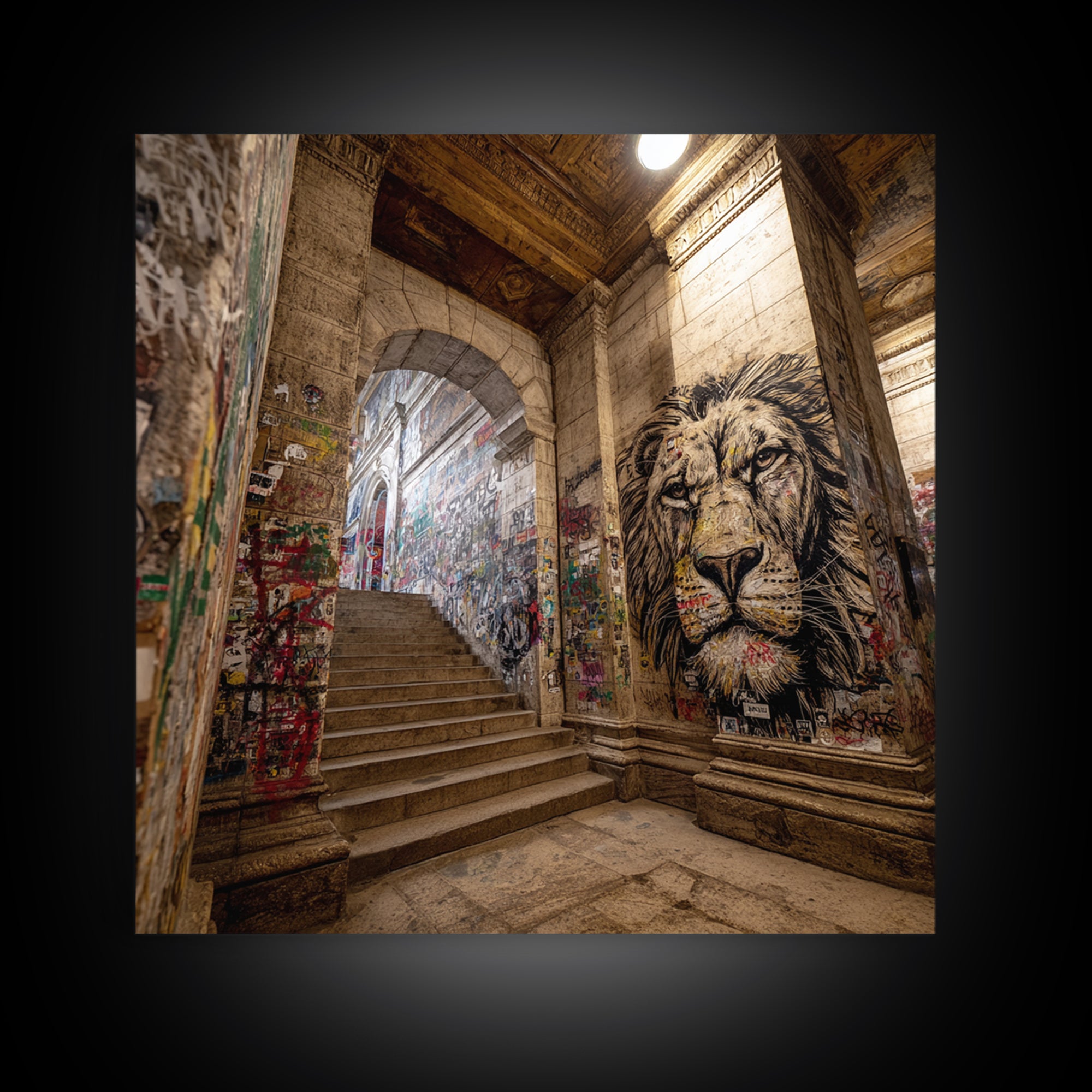 Urban Lion Mural Stairway Wall Art, Graffiti Street Art Canvas Print, City Decor, Bold Contemporary Modern Office Wall Decor
