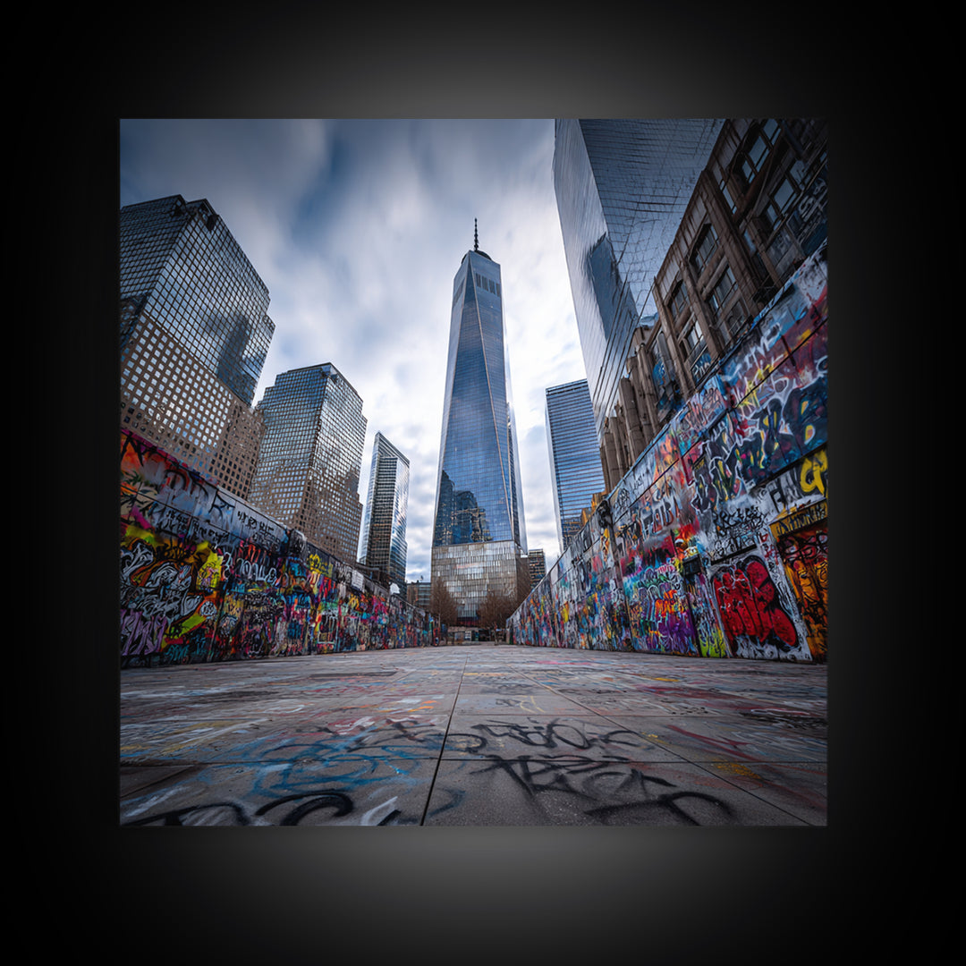 One World Trade Graffiti Courtyard Wall Art, Urban Cityscape Canvas Print, NYC Street Art Decor For Office And Apartment