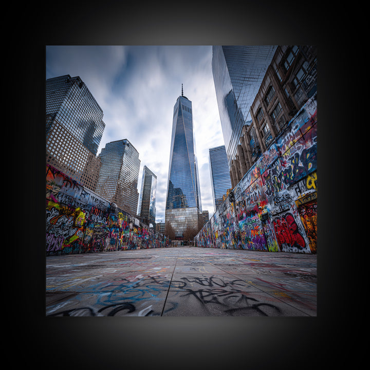One World Trade Graffiti Courtyard Wall Art, Urban Cityscape Canvas Print, NYC Street Art Decor For Office And Apartment