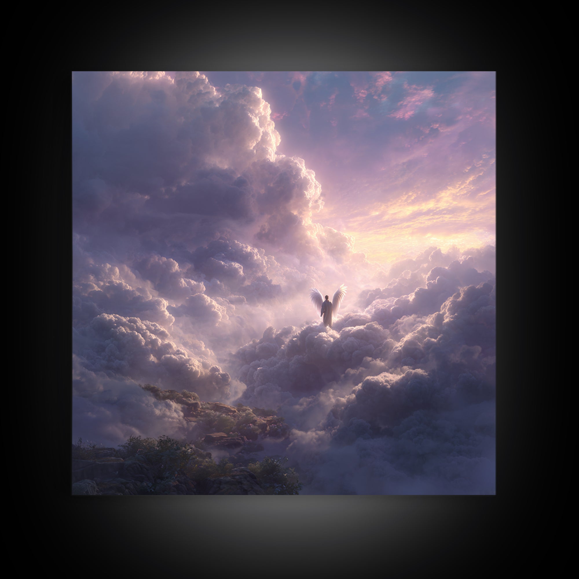 Radiant Angel Above Pastel Clouds Wall Art, Celestial Fantasy Canvas Print, Spiritual Decor, Ethereal Nursery Wall Art, Gift For Her