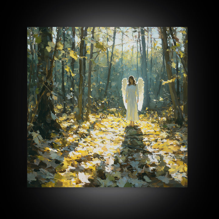 Sunlit Angel In Enchanted Forest Wall Art, Ethereal Christian Canvas Print, Woodland Decor, Spiritual Nursery Art, Calming Decor