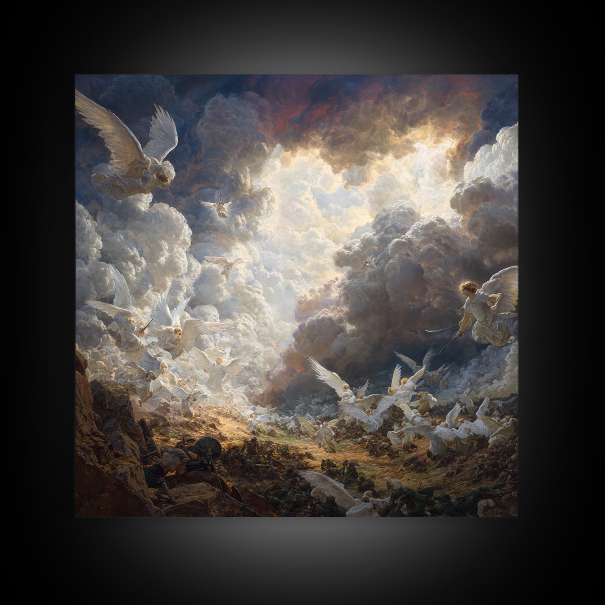 Heavenly Angels In Storm Clouds Canvas Print, Biblical Battle Painting, Christian Wall Decor, Dramatic Renaissance Art Gift