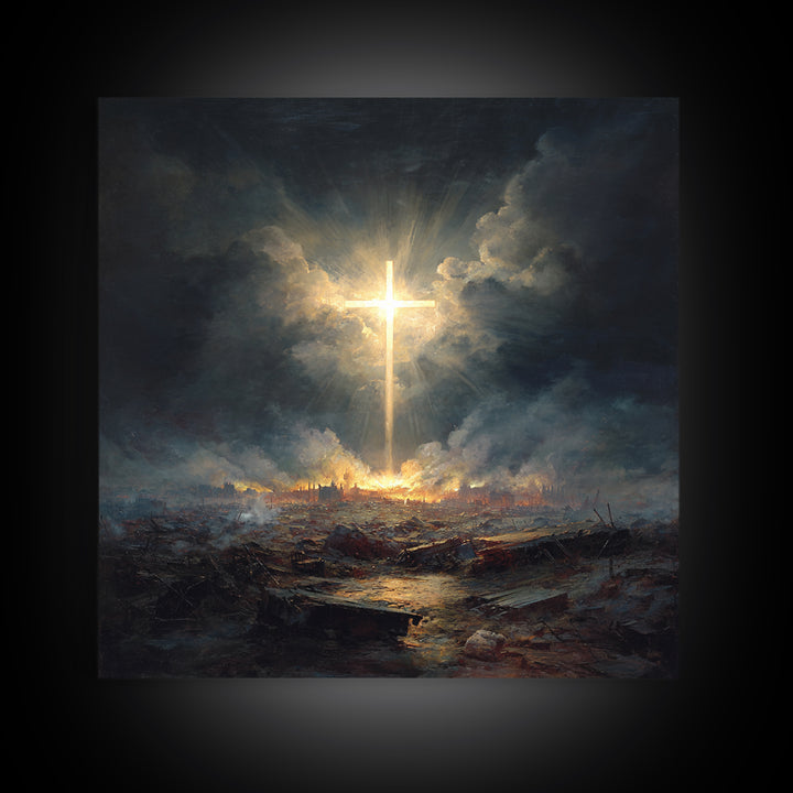 Radiant Cross Over Stormy Battlefield Wall Art, Christian Canvas Print, Dramatic Religious Decor, Spiritual Gift For Home