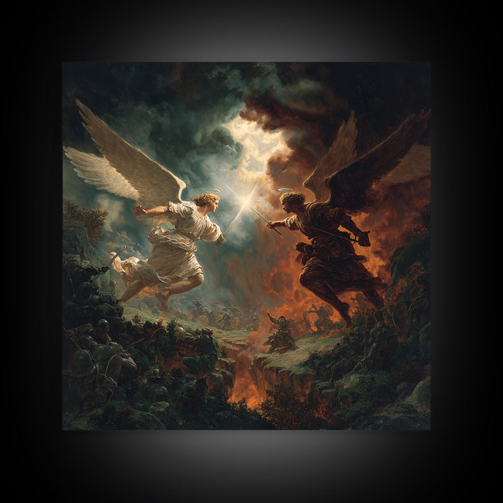Angel Duel Over Apocalyptic Battlefield Wall Art, Dark Fantasy Framed Canvas Print, Biblical Spiritual Home Decor Gift For Him