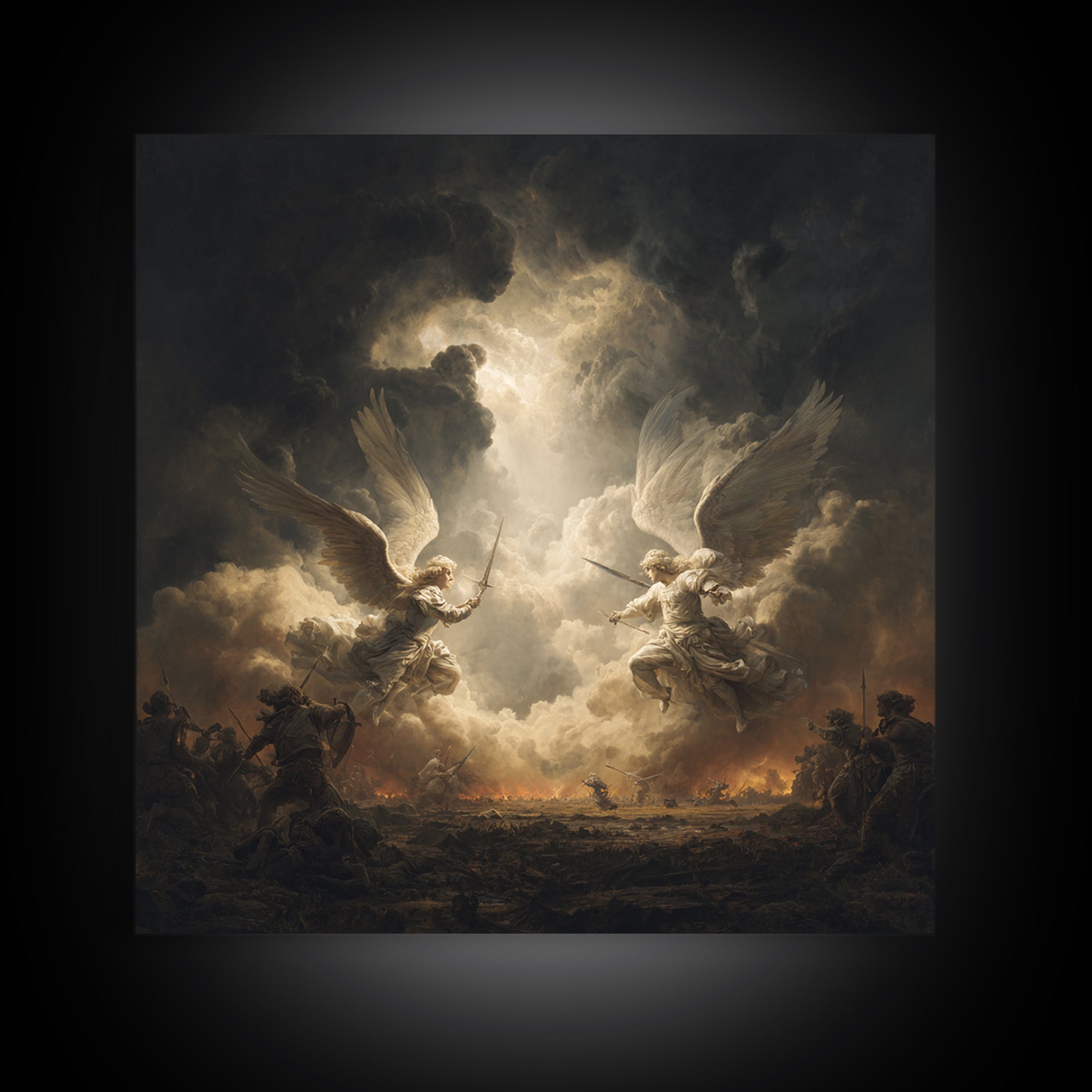 Angelic Battle In Storm Clouds Framed Canvas Print, Dark Baroque Religious Art, Renaissance Wall Decor, Dramatic Fine Art