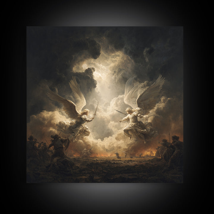 Angelic Battle In Storm Clouds Framed Canvas Print, Dark Baroque Religious Art, Renaissance Wall Decor, Dramatic Fine Art