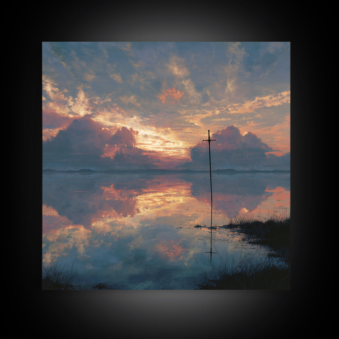 Solitary Cross At Sunset Wall Art, Reflective Lake Landscape Print, Christian Artwork, Spiritual Home Decor, Prayer Room Gift