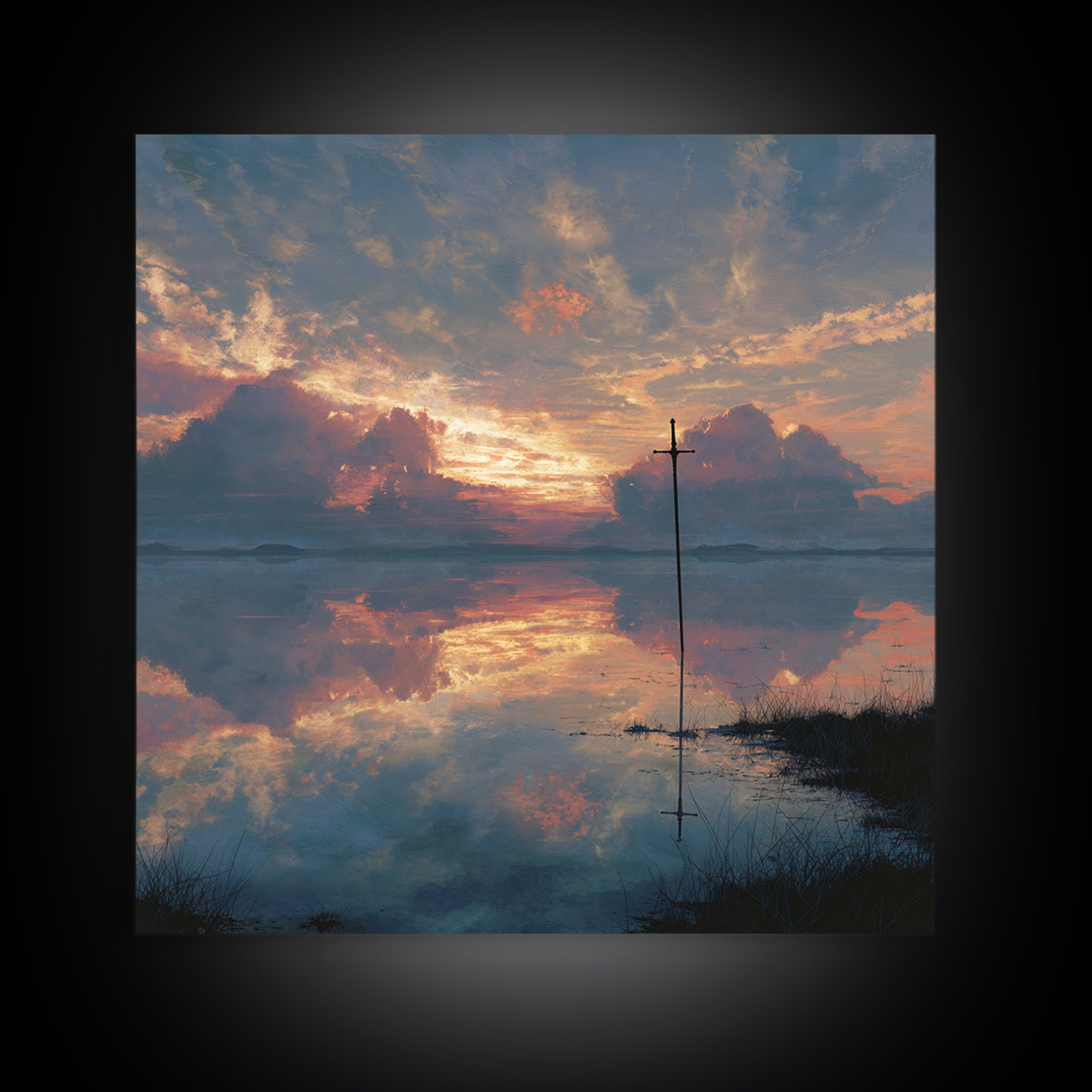 Solitary Cross At Sunset Wall Art, Reflective Lake Landscape Print, Christian Artwork, Spiritual Home Decor, Prayer Room Gift