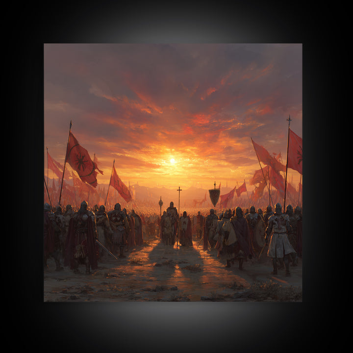 Medieval Army At Fiery Sunset Framed Canvas Print, Crusader Battle Wall Art, Epic Fantasy Decor, Historical Gift For Him