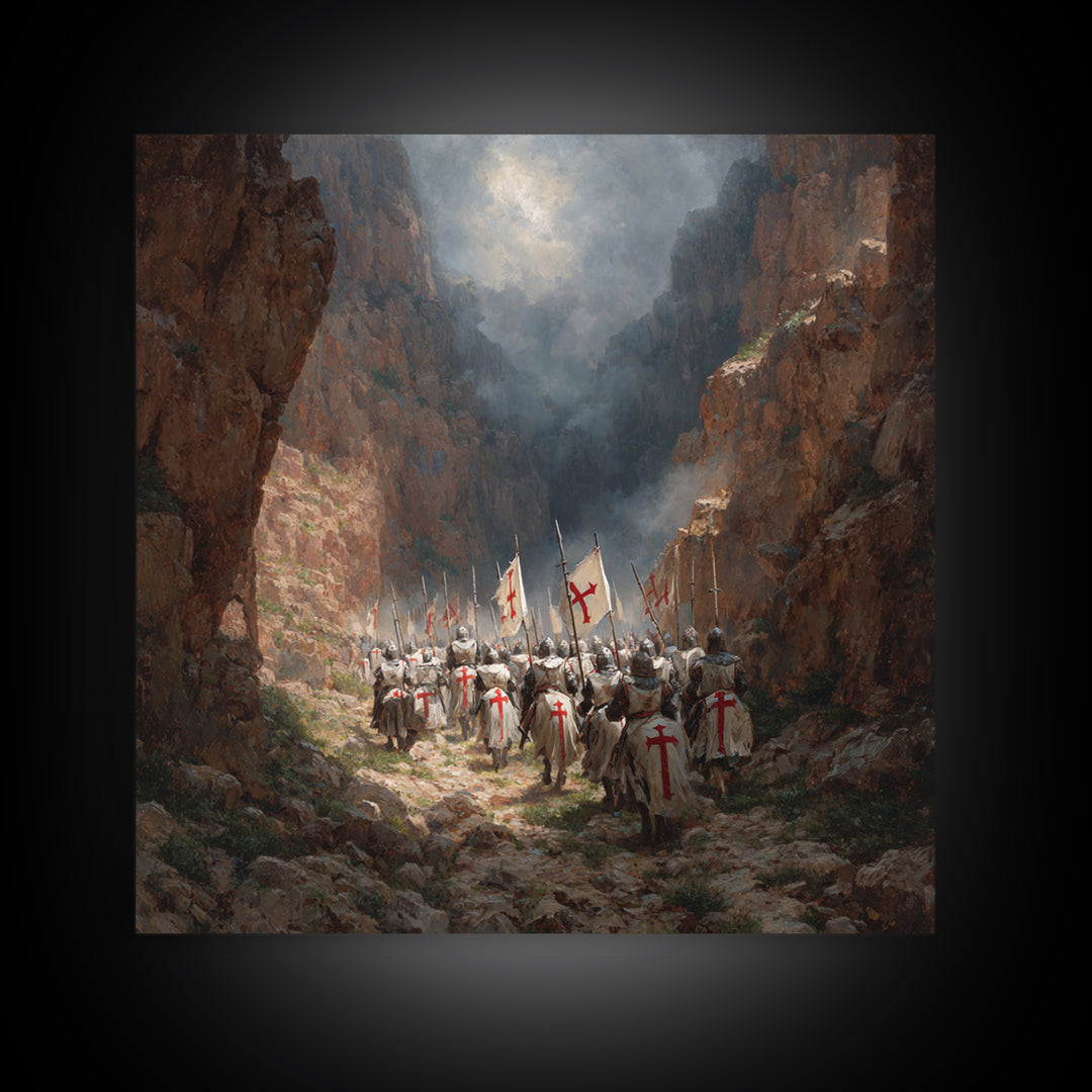Medieval Knights Marching Through Rocky Canyon Wall Art, Historical Painting Print, Christian Wall Decor, Dramatic Fine Art