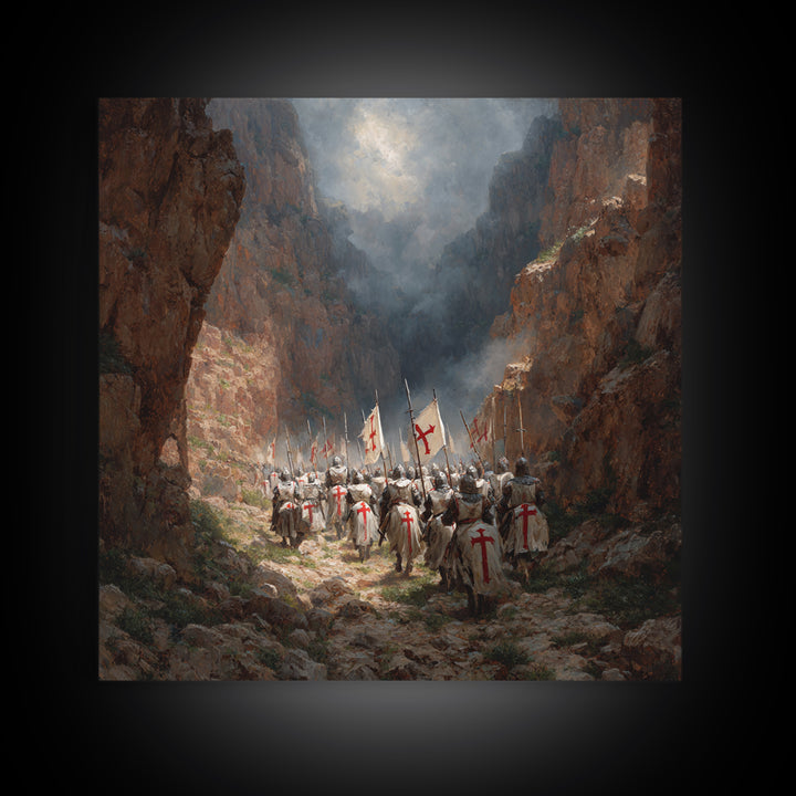 Medieval Knights Marching Through Rocky Canyon Wall Art, Historical Painting Print, Christian Wall Decor, Dramatic Fine Art