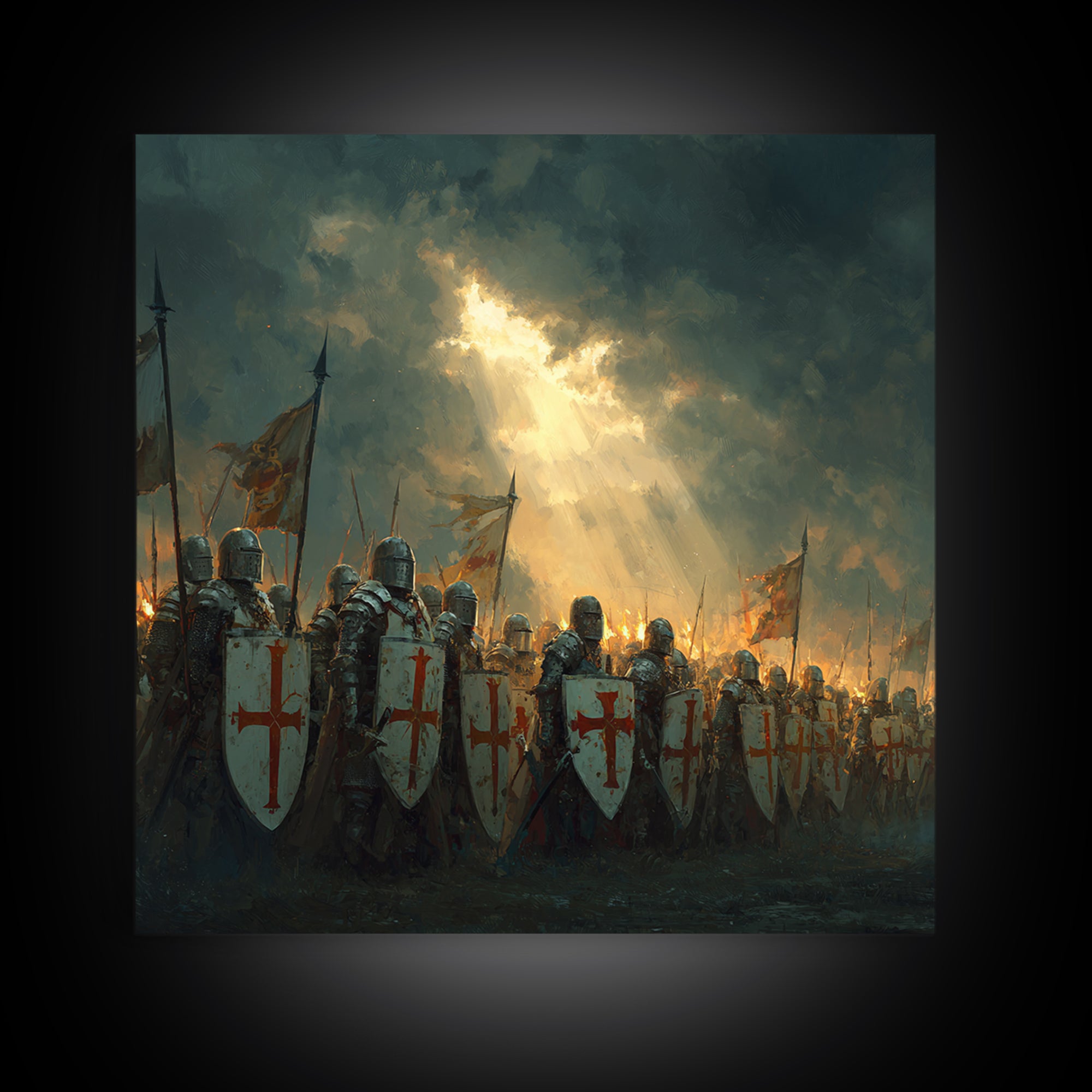 Crusader Knights With Shields Wall Art, Medieval Battle Scene, Religious History Decor, Dark Fantasy Framed Canvas Print