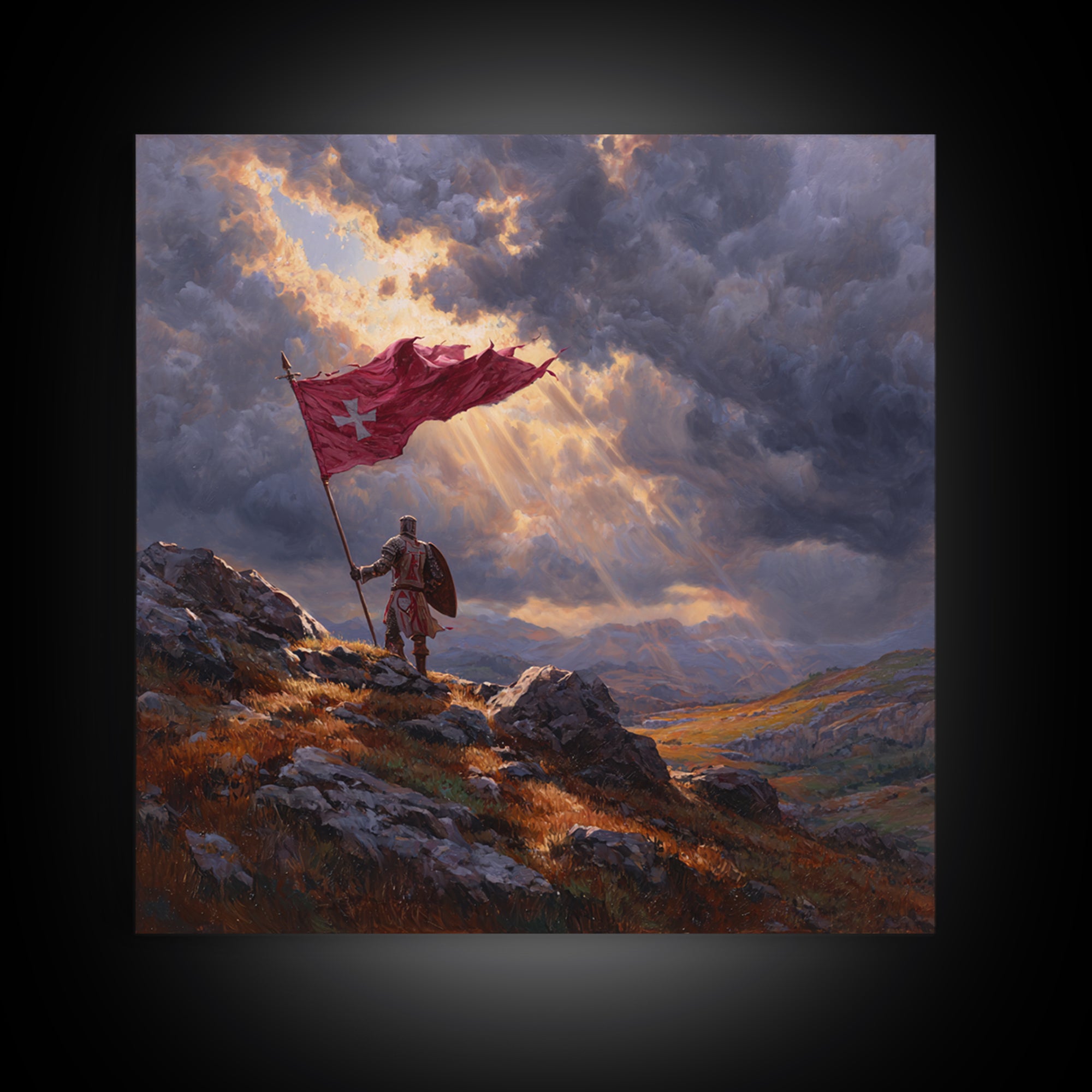 Crusader Knight With Red Flag Framed Canvas Print, Medieval Wall Art, Stormy Mountain Landscape, Christian Warrior Decor