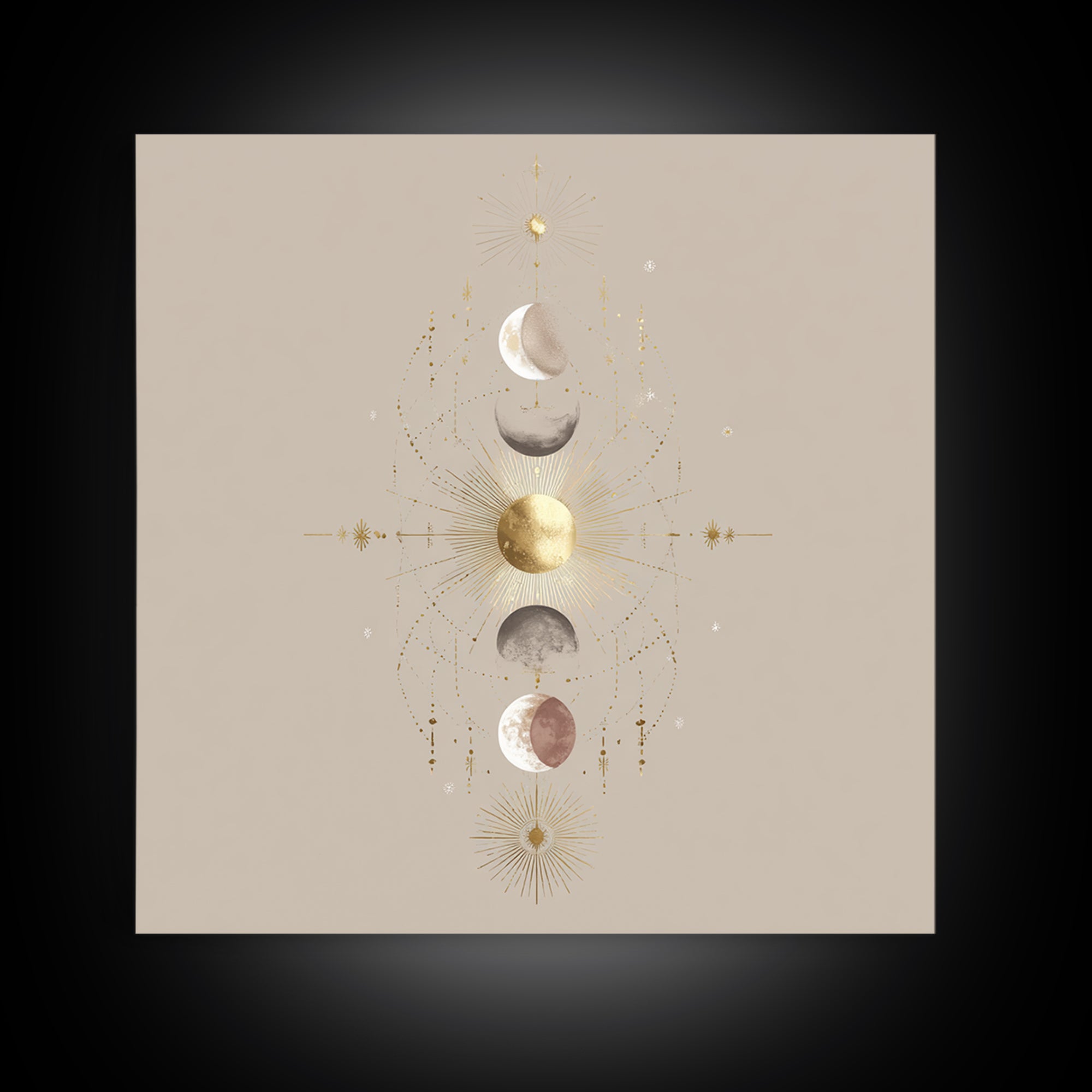 Celestial Moon Phase Wall Art, Gold Sun And Stars Canvas Print, Mystical Astrology Decor, Boho Neutral Bedroom Wall Decor