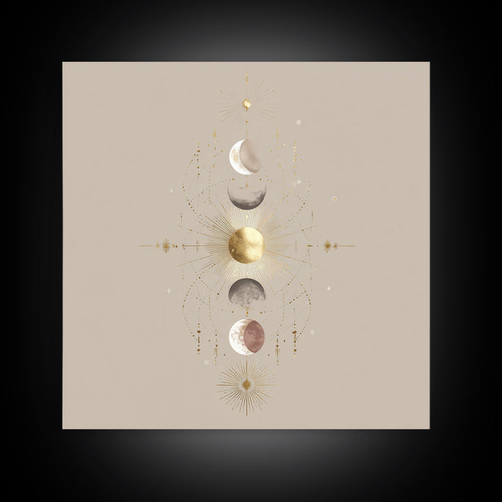 Celestial Moon Phase Wall Art, Gold Sun And Stars Canvas Print, Mystical Astrology Decor, Boho Neutral Bedroom Wall Decor