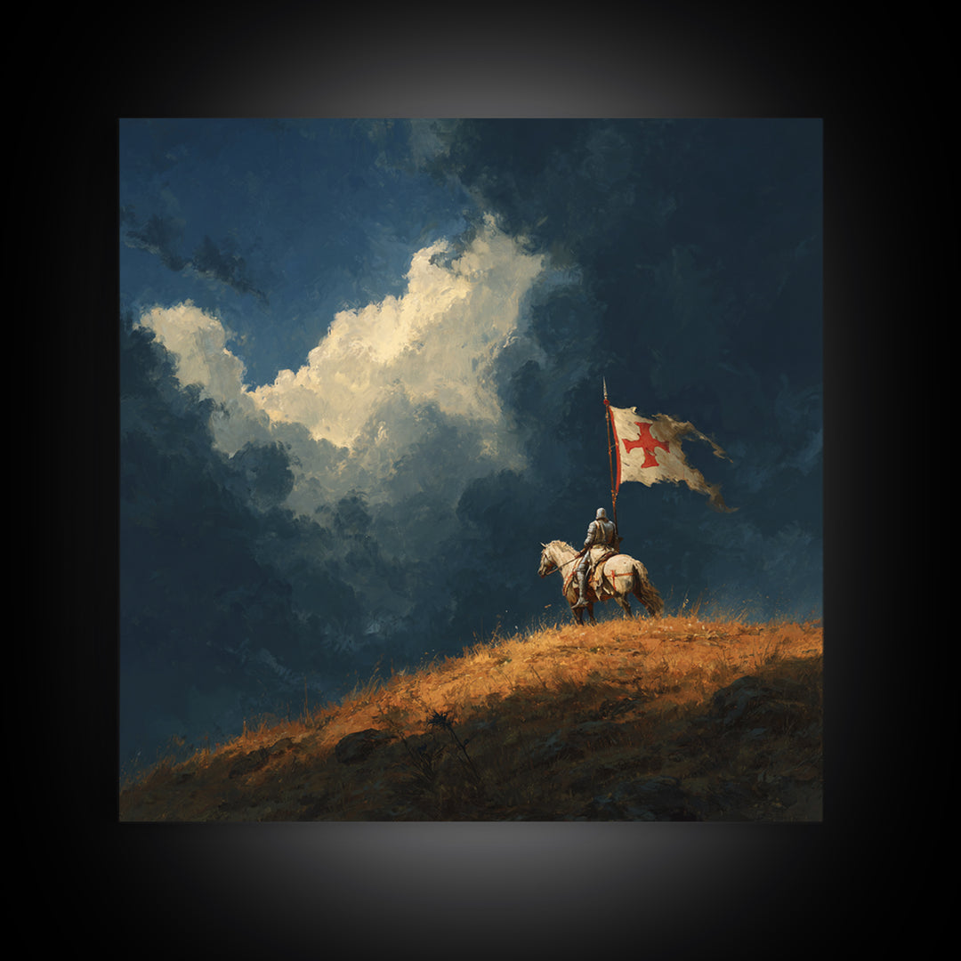 Medieval Knight On Horse With Tattered Flag Wall Art, Dramatic Fantasy Landscape, Gothic Medieval Decor, Warrior Gift Print