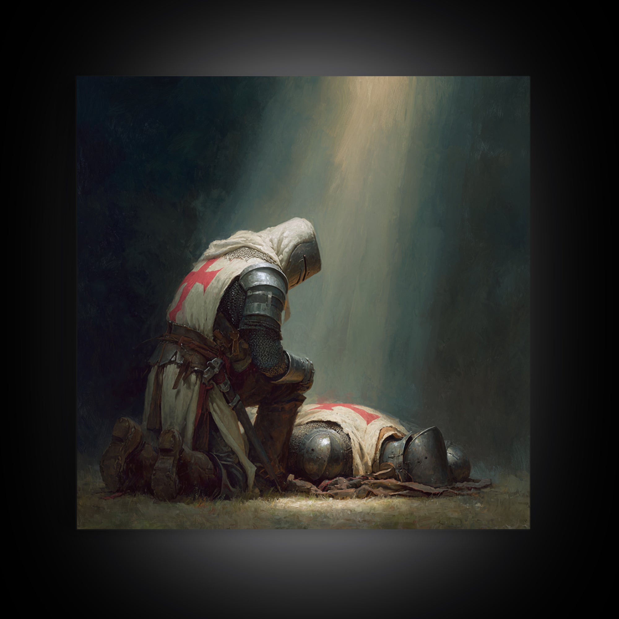 Praying Crusader Knight In Spotlight Canvas Print, Medieval Christian Wall Art, Templar Warrior Decor For Office And Home