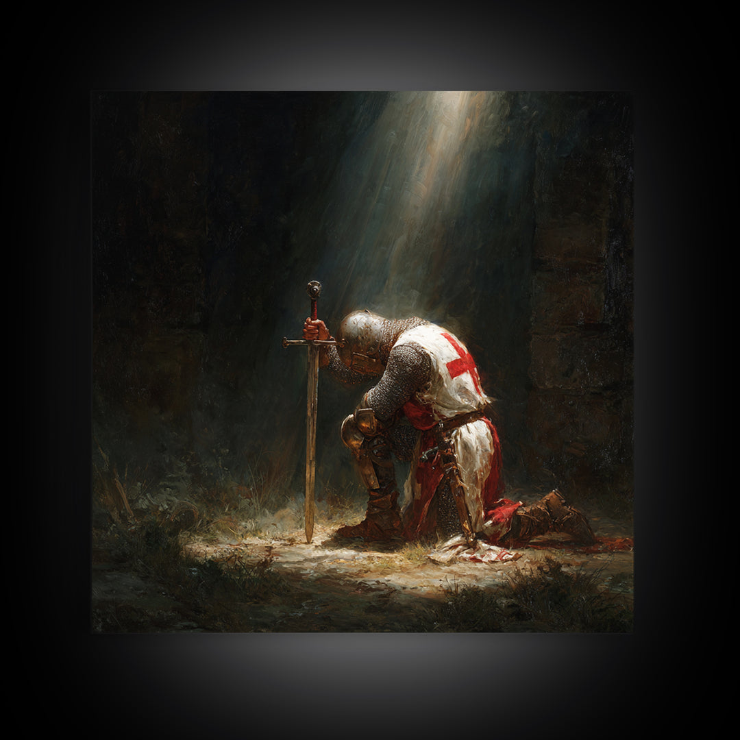 Kneeling Templar Knight In Sacred Light Framed Canvas Print, Medieval Christian Wall Art For Gothic Office Decor Gift Idea
