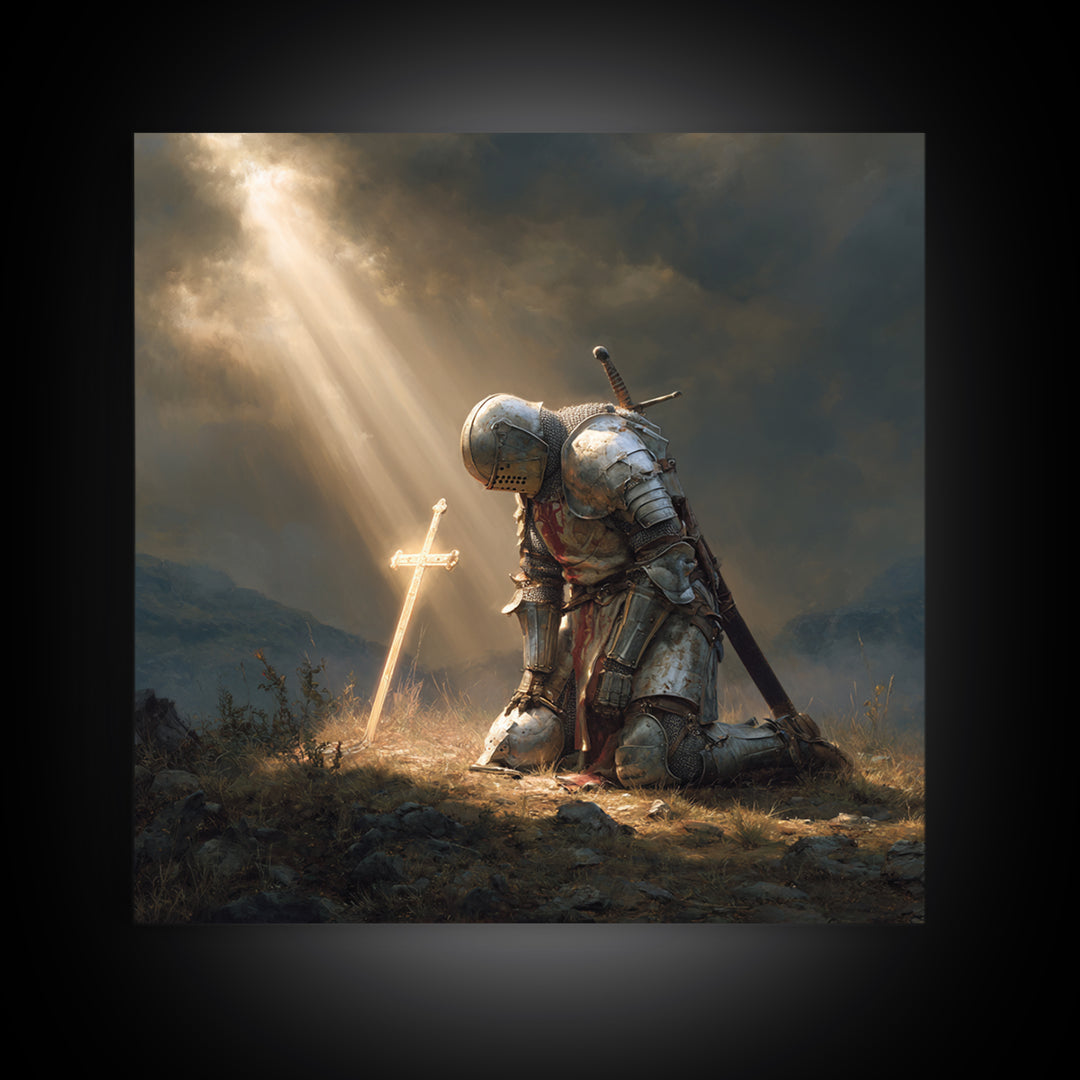 Kneeling Knight Before Glowing Cross Wall Art, Medieval Christian Painting, Inspirational Faith Decor, Gift For Men Poster