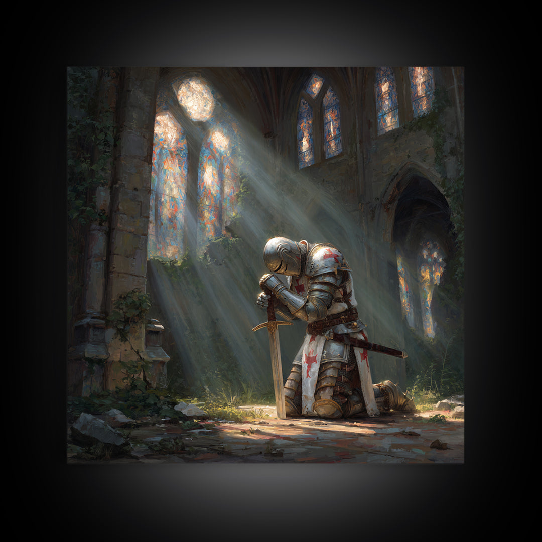 Kneeling Knight In Ruined Cathedral Framed Canvas Print, Medieval Fantasy Wall Art, Christian Decor, Gothic Gift For Him