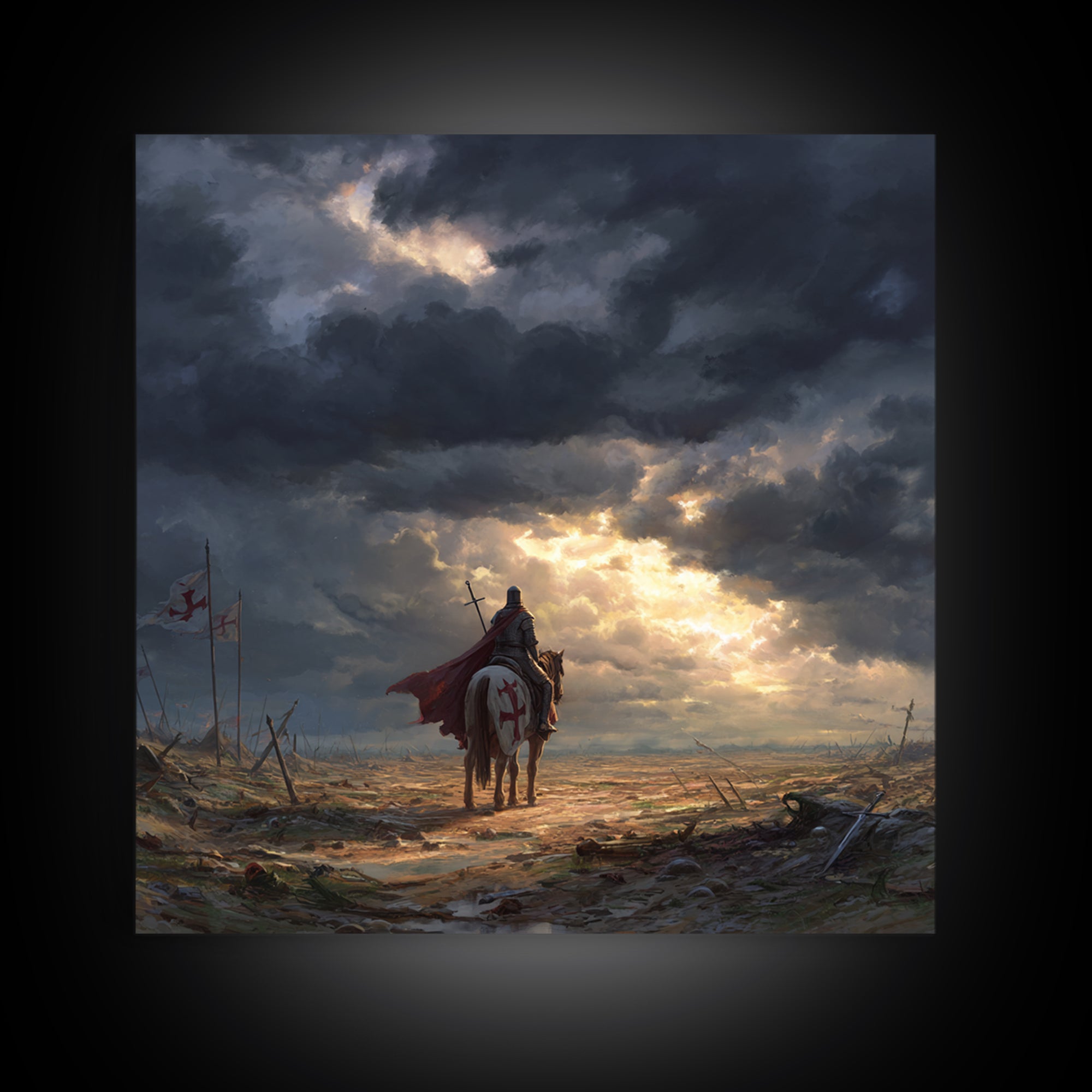 Templar Knight On Horse In Stormy Battlefield Wall Art, Medieval Landscape Art, Gothic Wall Decor, Epic Fantasy Gift For Him