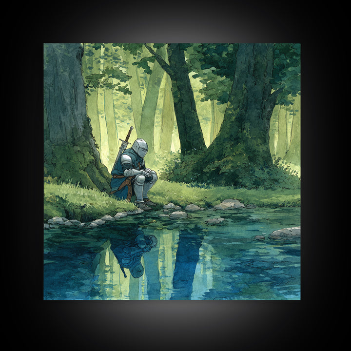 Solitary Knight Resting Beside Forest Stream Wall Art, Fantasy Art Print, Medieval Decor, Woodland Landscape, Gift For Him