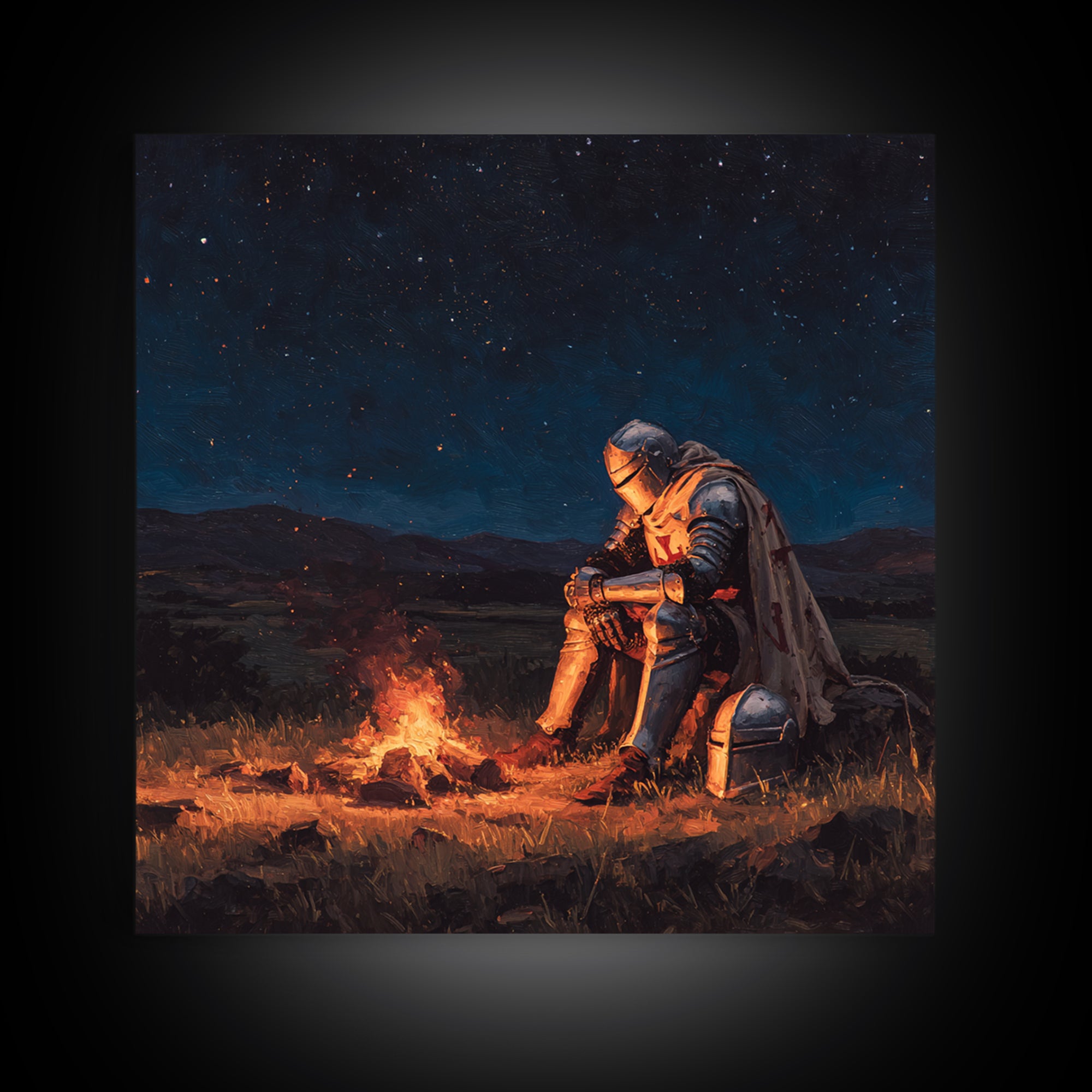 Solitary Knight By Campfire Wall Art, Starry Night Fantasy Canvas Print, Medieval Decor, Dark Academia Gift For Him, Moody Wall Decor