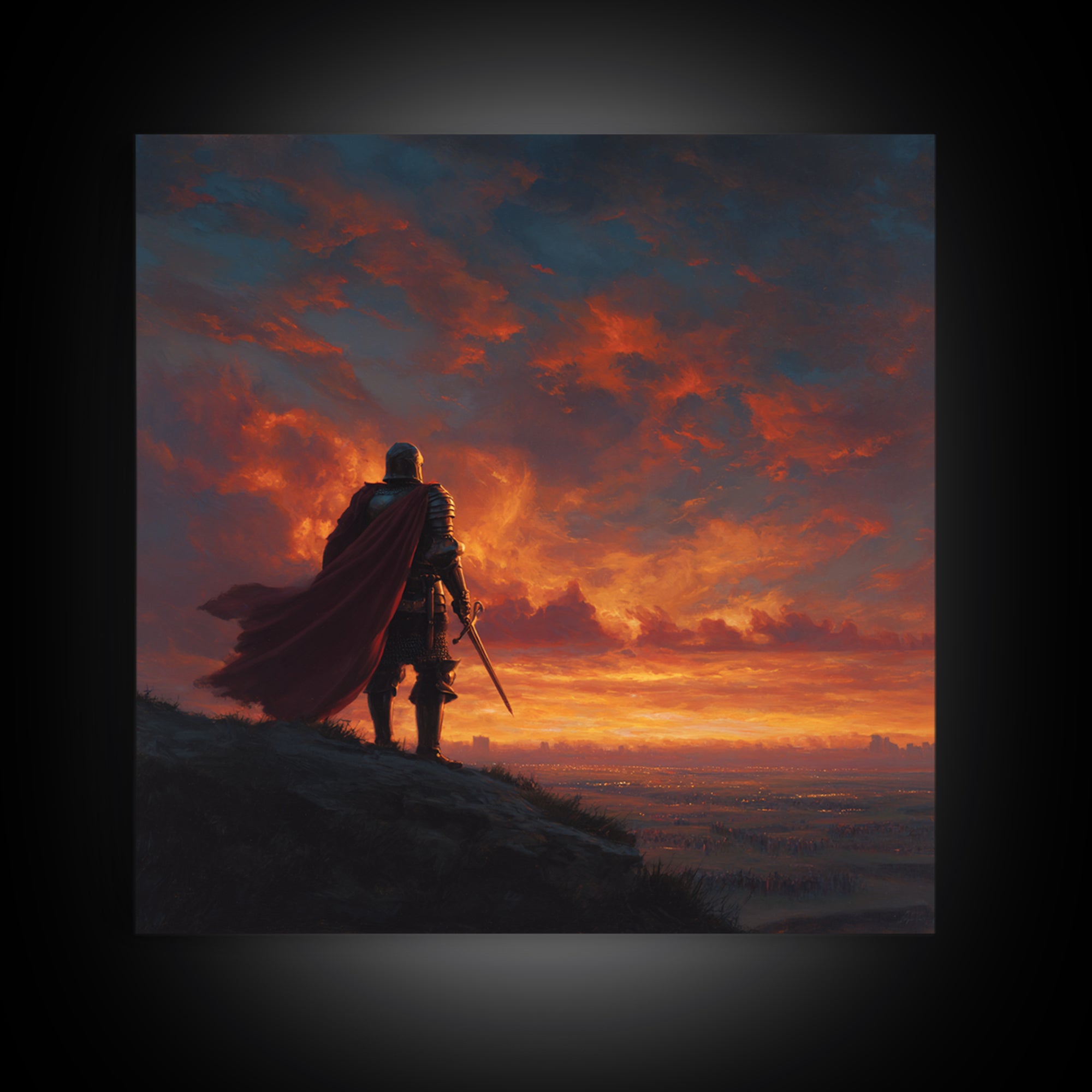 Lone Knight At Fiery Sunset Wall Art, Medieval Fantasy Warrior Canvas Print, Dramatic Landscape For Masculine Home Decor