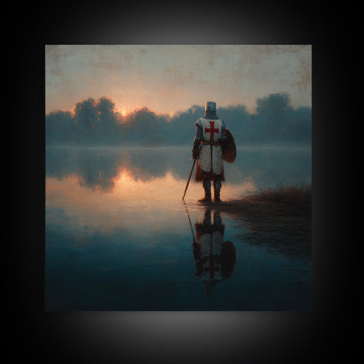 Lone Crusader Knight At Misty Lake Wall Art, Medieval Landscape Painting, Dark Academia Decor, Historical Framed Canvas Print
