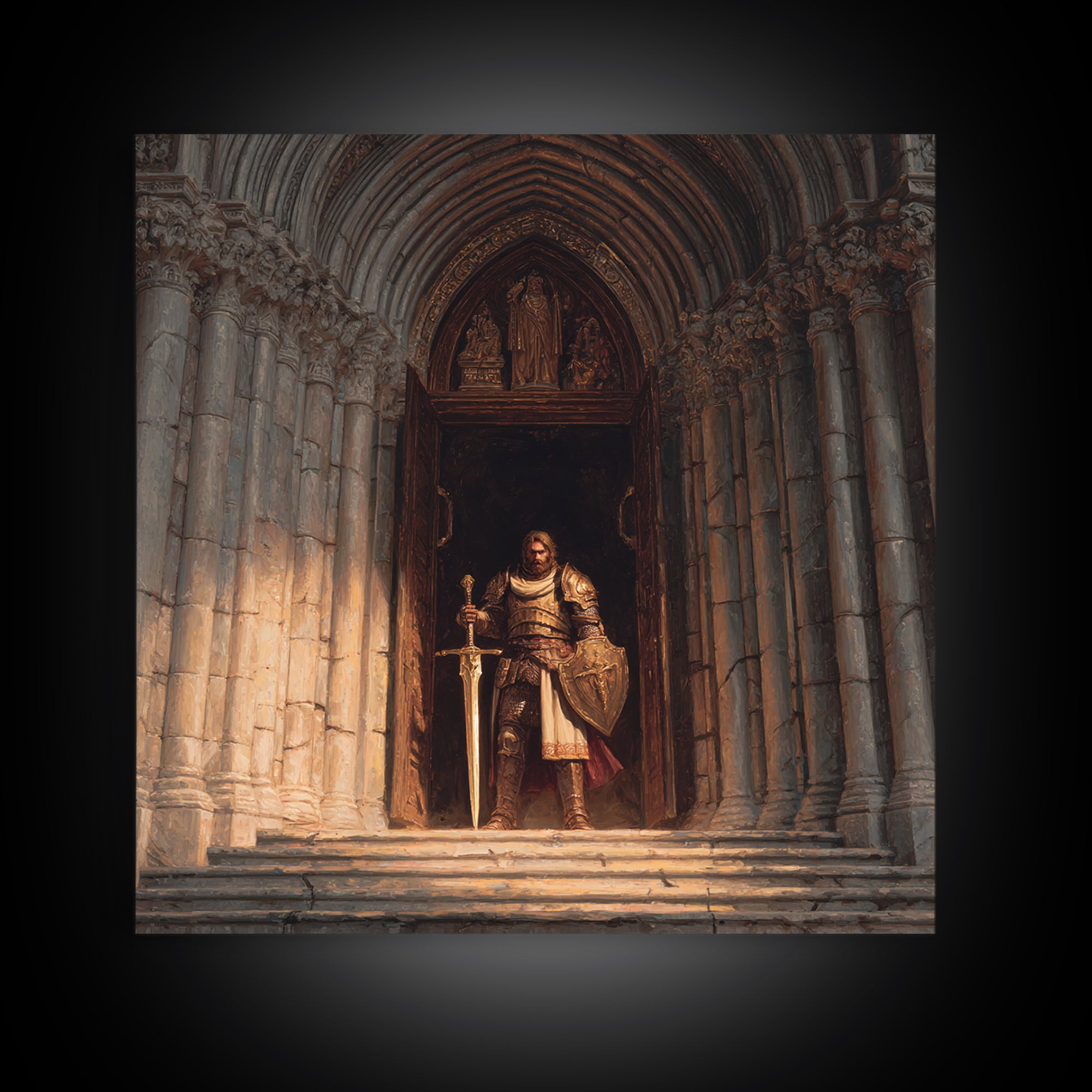 Armored Knight At Gothic Cathedral Canvas Print, Medieval Fantasy Wall Art For Castle Decor And Dark Academia Office Decor