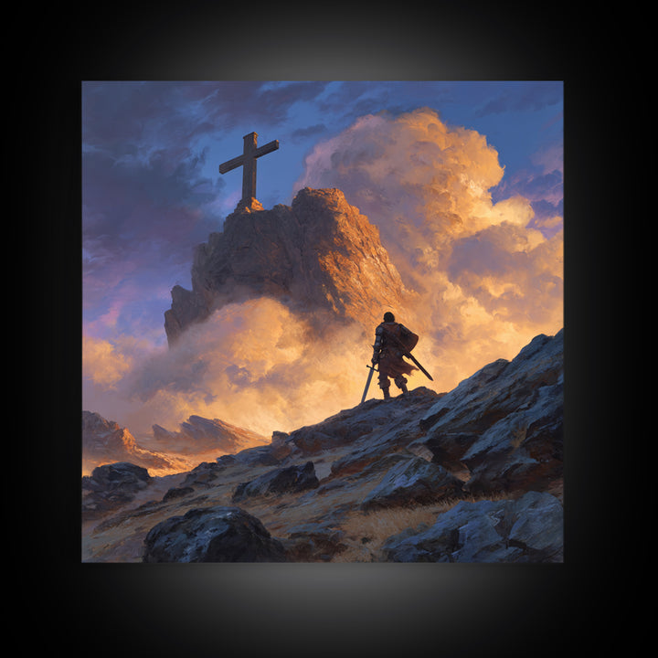 Epic Warrior Climbing Mountain To Cross Wall Art, Christian Fantasy Canvas Print, Inspirational Decor, Faith Gift For Him