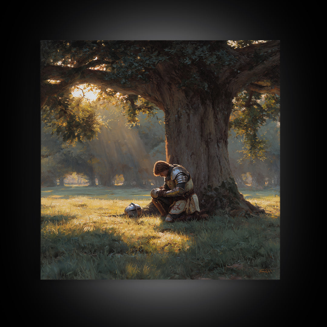 Praying Knight Beneath Ancient Oak Canvas Print, Medieval Fantasy Wall Art, Christian Warrior, Rustic Landscape Home Decor