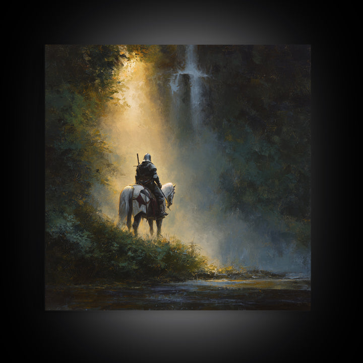 Lone Knight And White Horse By Waterfall Framed Canvas Print, Epic Fantasy Wall Art, Medieval Decor, Adventure Gift For Him