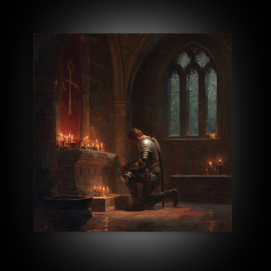 Kneeling Knight In Candlelit Chapel Wall Art, Gothic Medieval Canvas Print, Dark Academia Decor, Fantasy Christian Art Gift