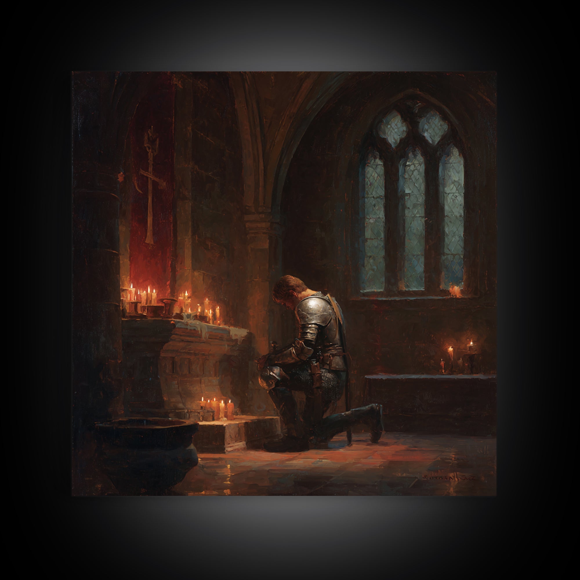 Kneeling Knight In Candlelit Chapel Wall Art, Gothic Medieval Canvas Print, Dark Academia Decor, Fantasy Christian Art Gift