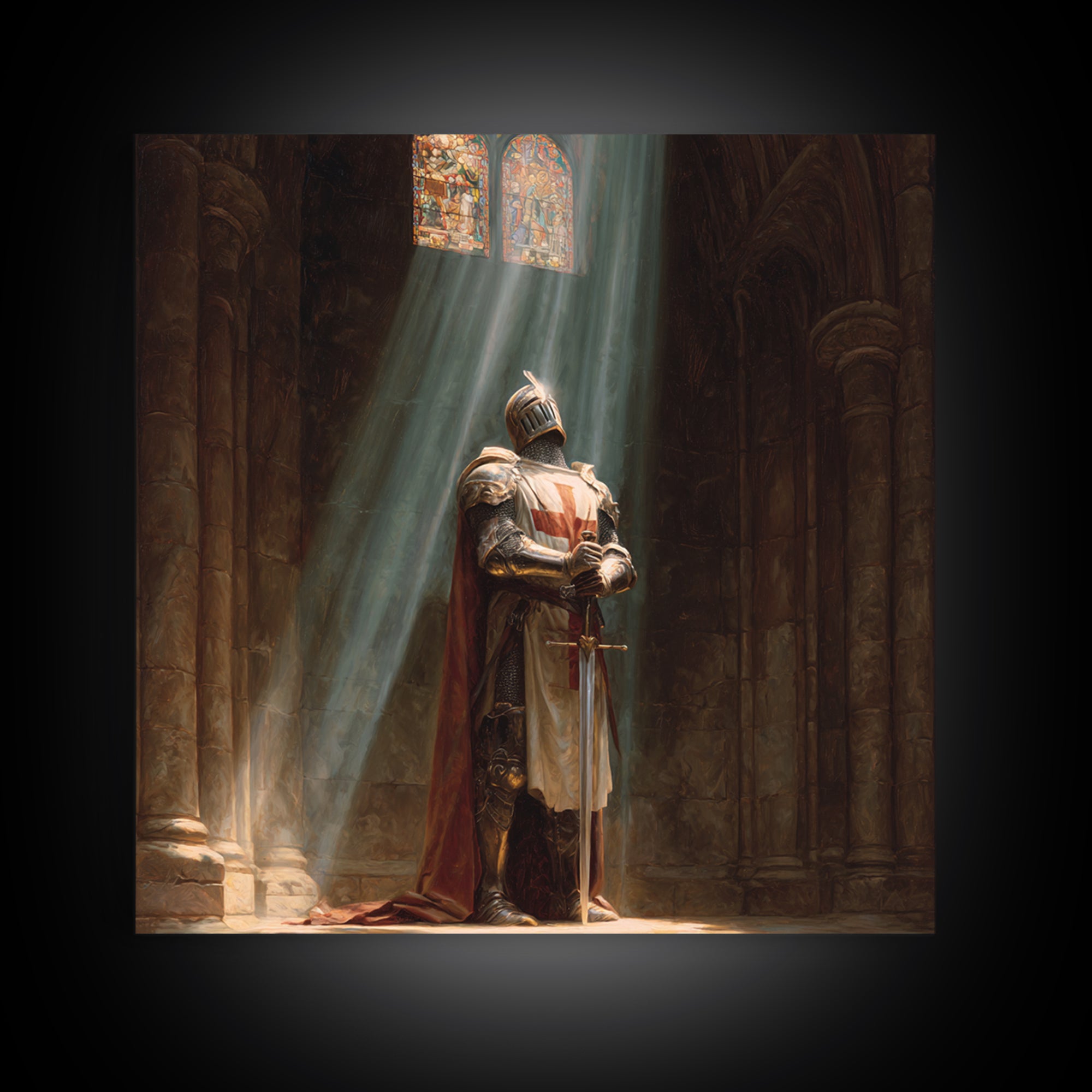 Medieval Knight Praying In Cathedral Light Framed Canvas Print, Gothic Wall Art, Christian Wall Decor, Fantasy Art Gift For Him