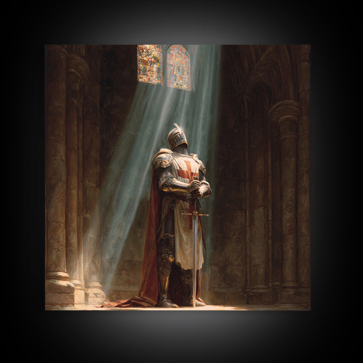 Medieval Knight Praying In Cathedral Light Framed Canvas Print, Gothic Wall Art, Christian Wall Decor, Fantasy Art Gift For Him