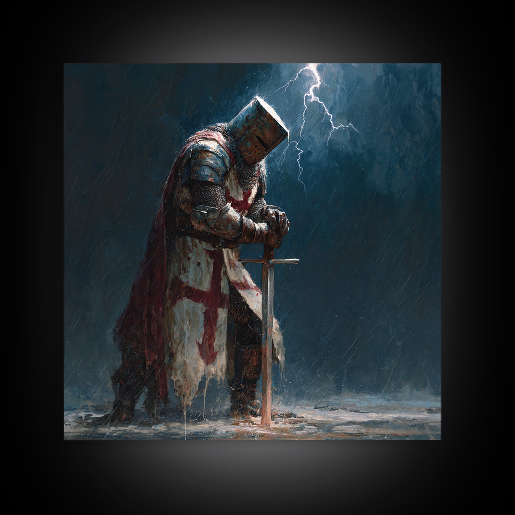Stormy Praying Knight With Sword Wall Art, Medieval Fantasy Canvas Print, Gothic Christian Dark Academia Home Decor, Gift For Him