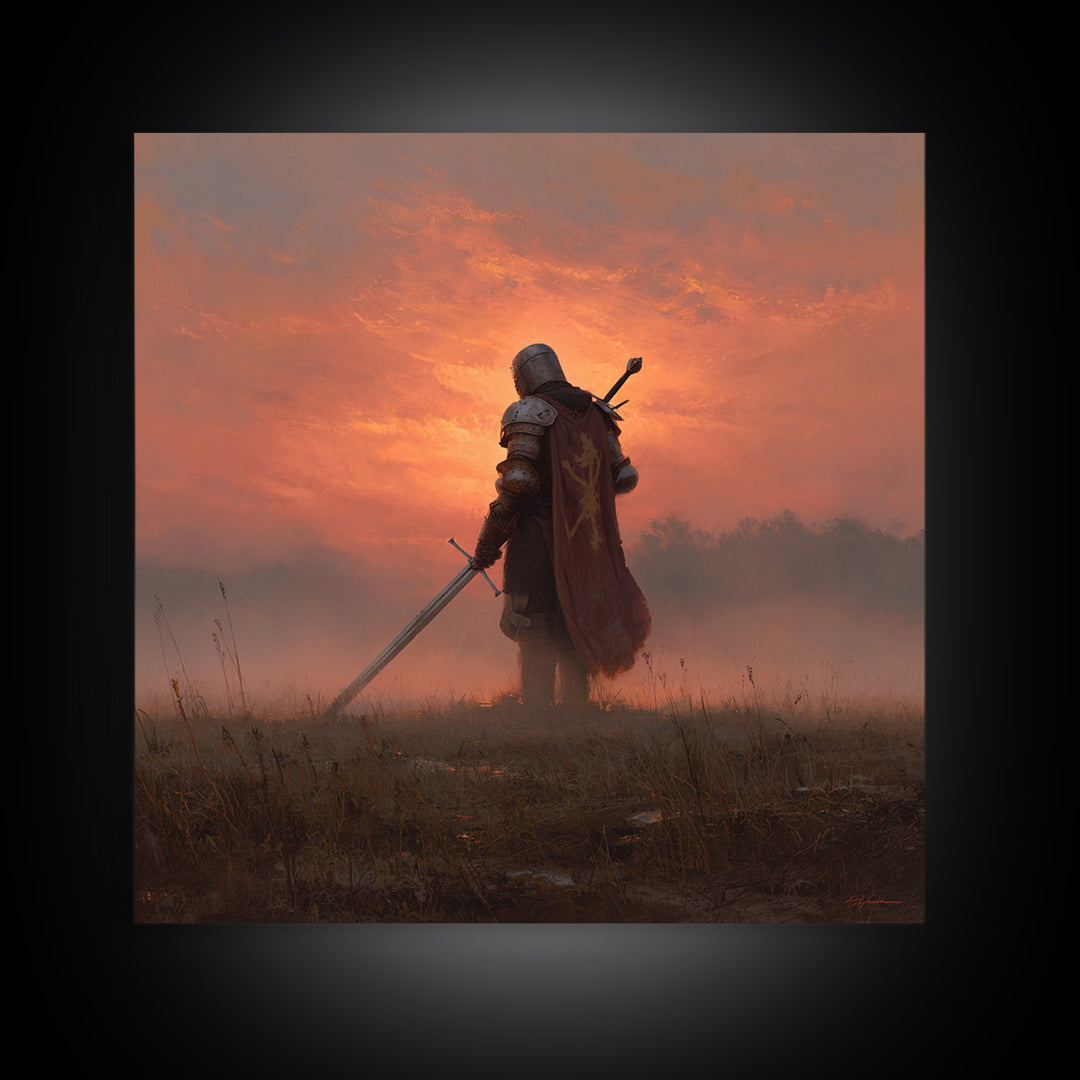 Lone Medieval Knight At Fiery Sunset Wall Art, Fantasy Warrior Canvas Print, Gothic Castle Decor, Dramatic Gift For Him Art