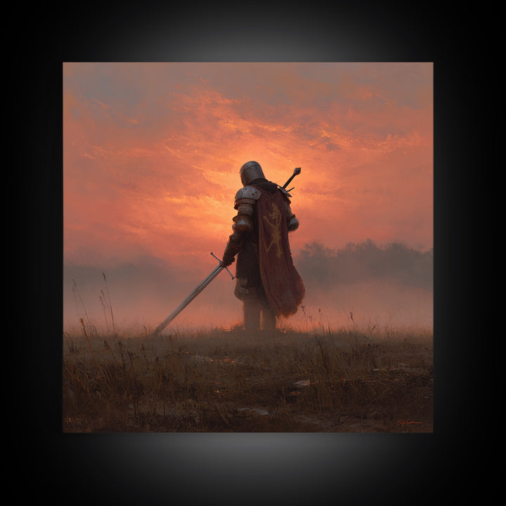 Lone Medieval Knight At Fiery Sunset Wall Art, Fantasy Warrior Canvas Print, Gothic Castle Decor, Dramatic Gift For Him Art