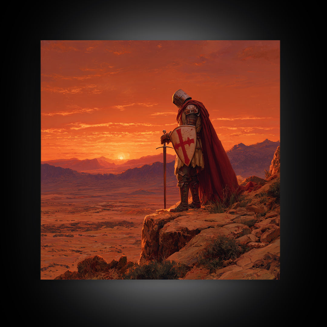 Crusader Knight At Sunset Canvas Print, Medieval Fantasy Art, Red Desert Landscape, Gothic Wall Decor, Gift For Him, Man Cave Decor