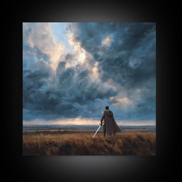 Lone Warrior Beneath Storm Clouds Wall Art, Medieval Fantasy Landscape Painting, Dark Academia Decor, Gift For Him Poster