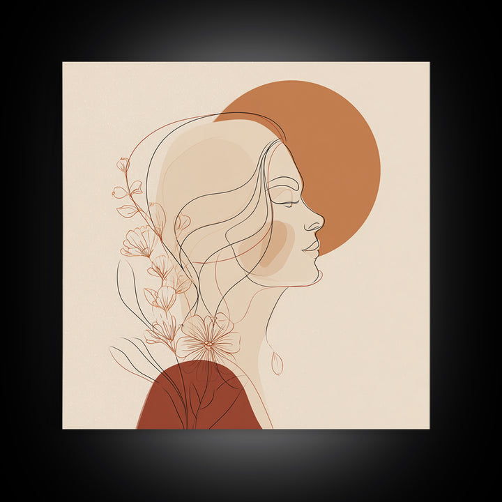 Floral Woman Line Art Canvas Print, Terracotta Sun Portrait Wall Art, Feminine Boho Decor, Minimalist Bedroom Art Print For Her