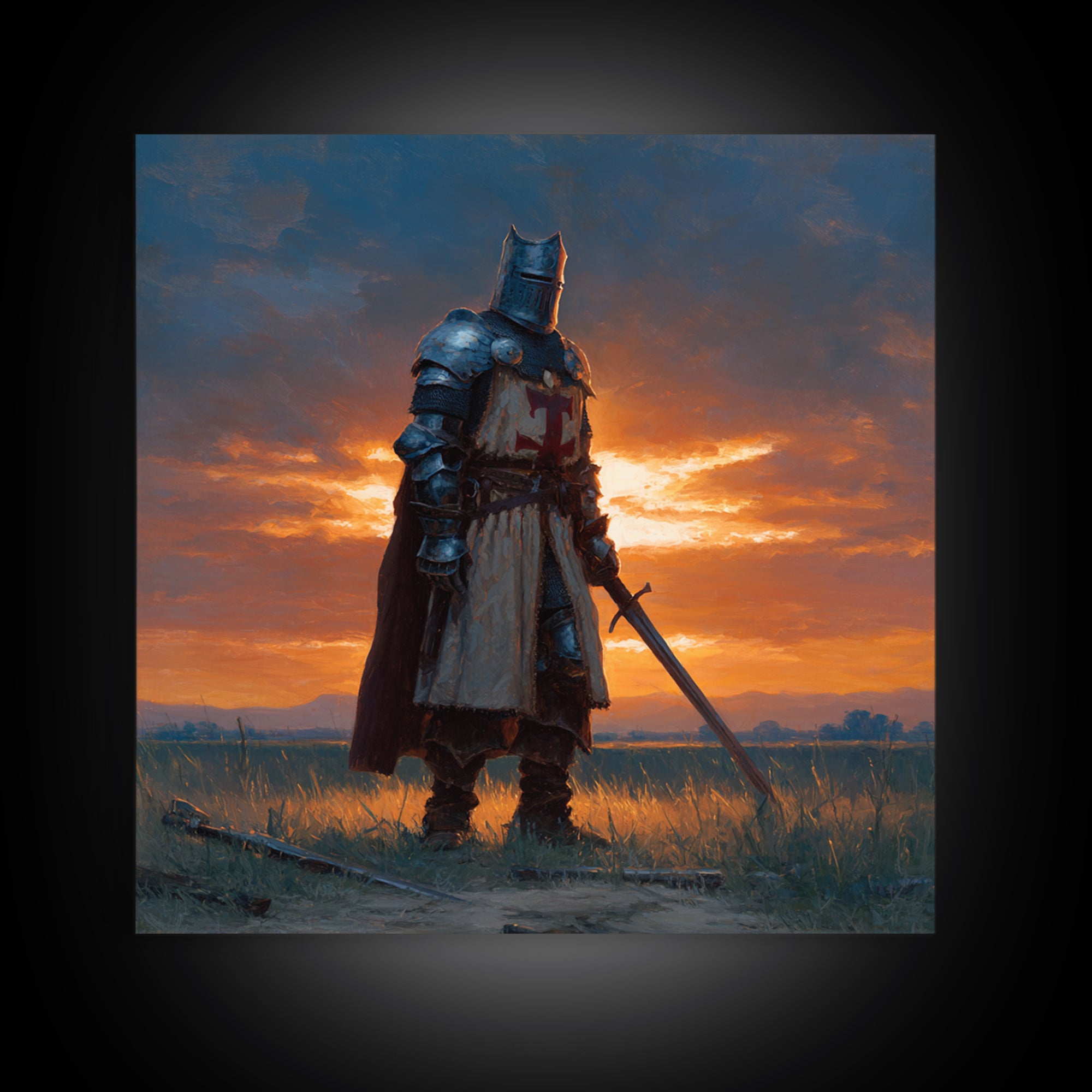 Medieval Knight At Sunset Framed Canvas Print, Crusader Wall Art, Fantasy Warrior Decor, Masculine Office Art, Gift For Him