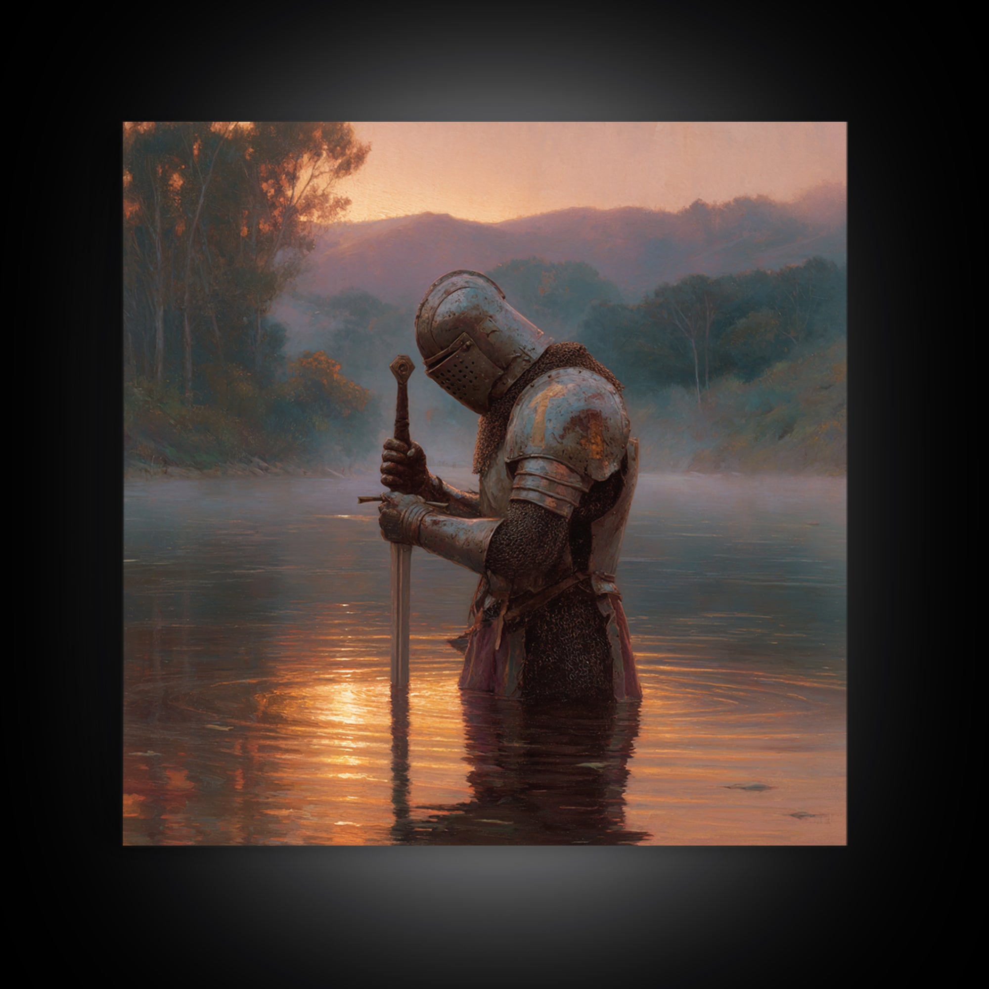 Armored Knight In Sunset River Wall Art, Medieval Fantasy Landscape Painting, Moody Rustic Decor, Historical Canvas Print